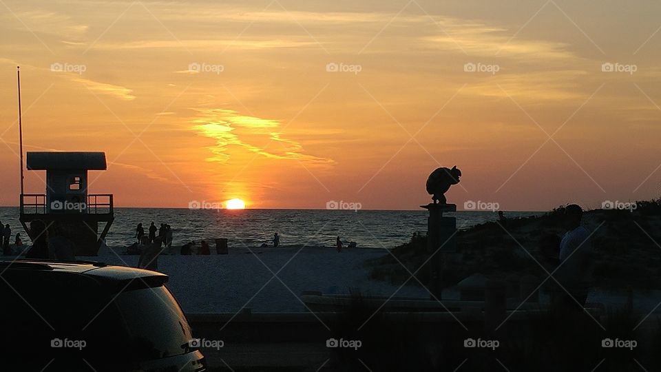 Clearwater Beach Florida Backlit Sea Turtle Sculpture against the sunset
