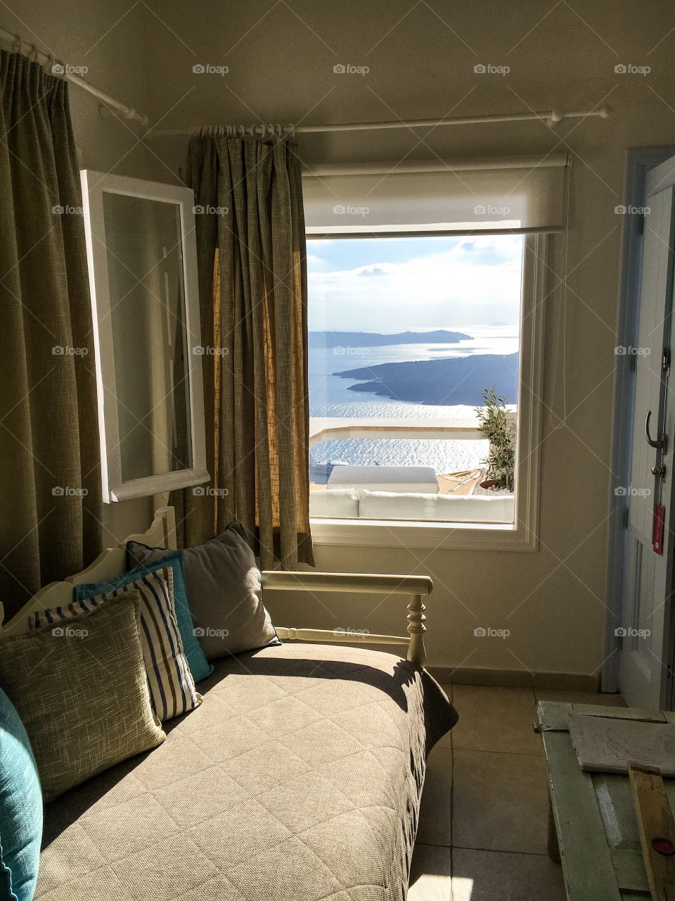 Window with sea and volcano view