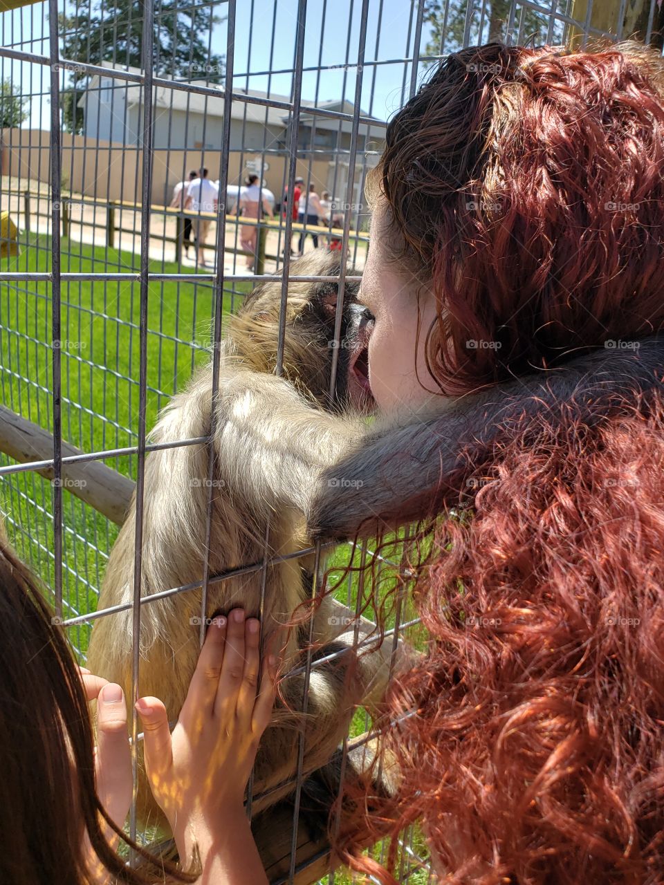 beautiful redhead lady getting a kiss from monkey