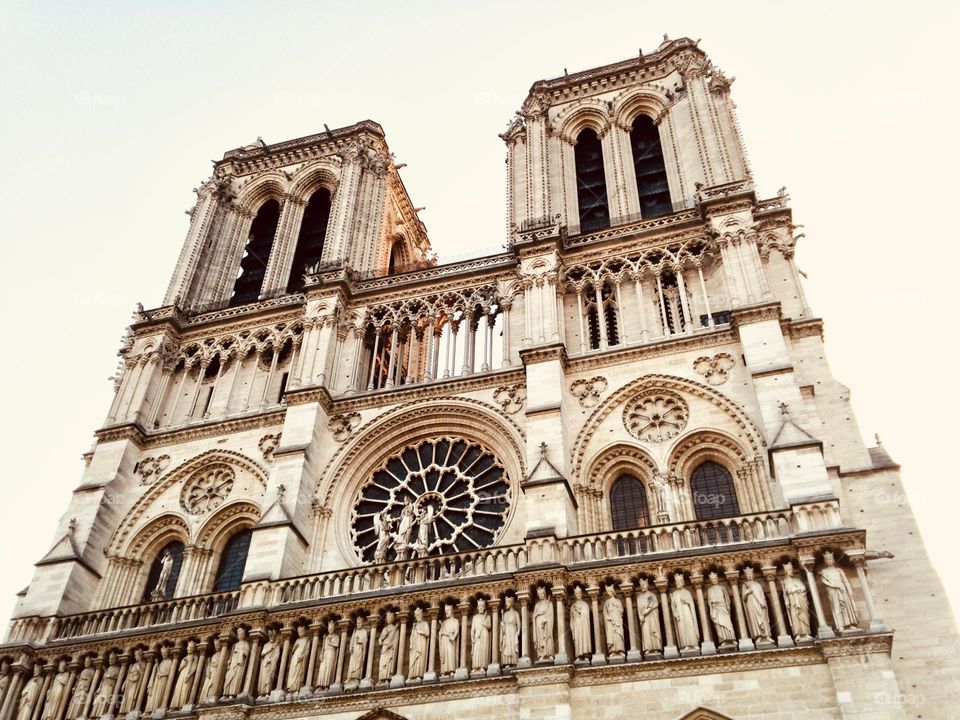 The Notre Dame Cathedral in Paris stands majestically on a cold and crisp January morning. The grey sky casts a soft, overcast light over the gothic structure, highlighting its intricate architecture and evoking a sense of peaceful solitude.