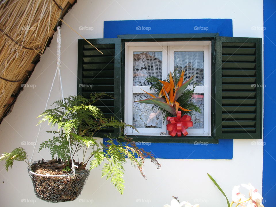 Fenêtre d'une "malheiro", maison traditionnelle à Santana sur l'île de Madère 