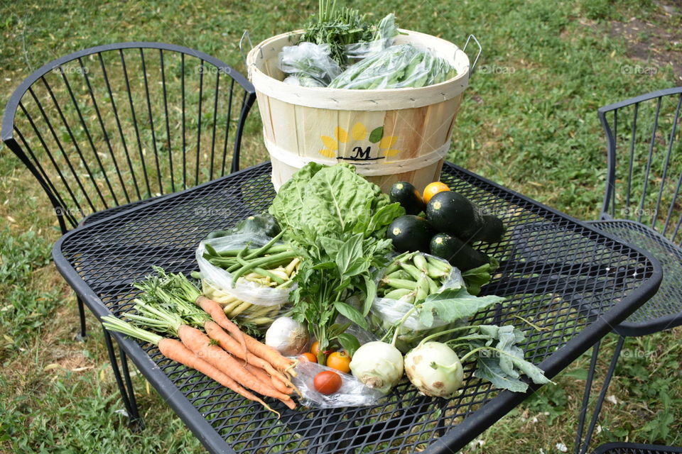 A basket full of a variety of organic produce is prepared at a farm in the Niagara region, for the weekly CSA pickup. 