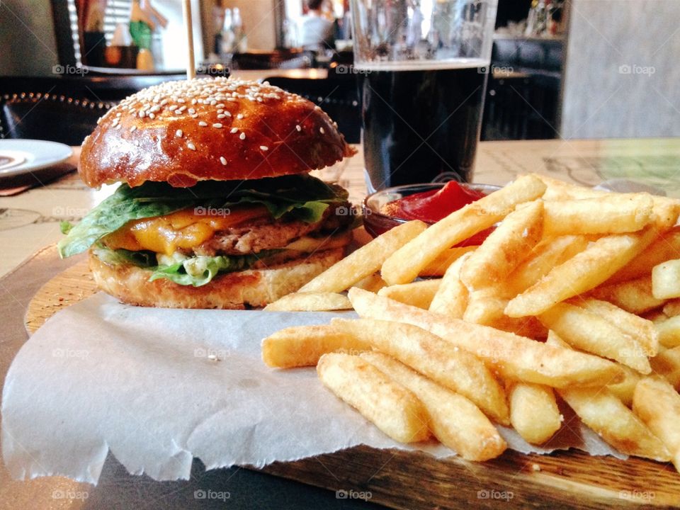 Burger with glass of beer