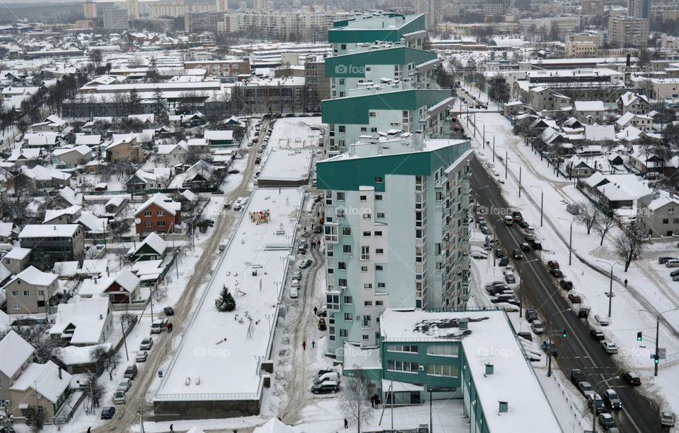 winter cityscape view from above roofs top