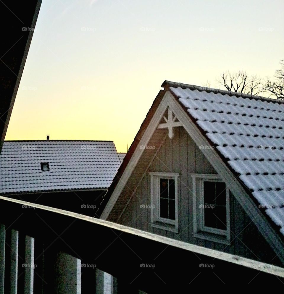Beautiful snow-covered houses in Denmark