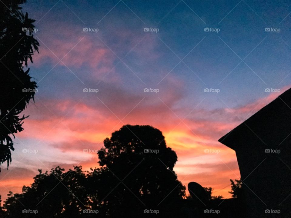 Bright vibrant colors and expansive clouds light up a African sunset behind strong trees and a house. 