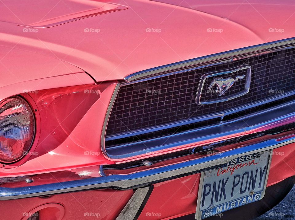 Pink Ford Mustang. 1968 Pink Ford Mustang With Detail Of Chrome Grille
