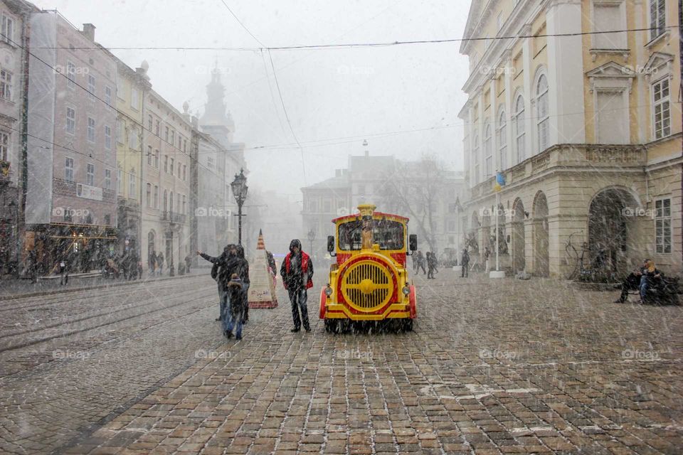 Snowing in the city.