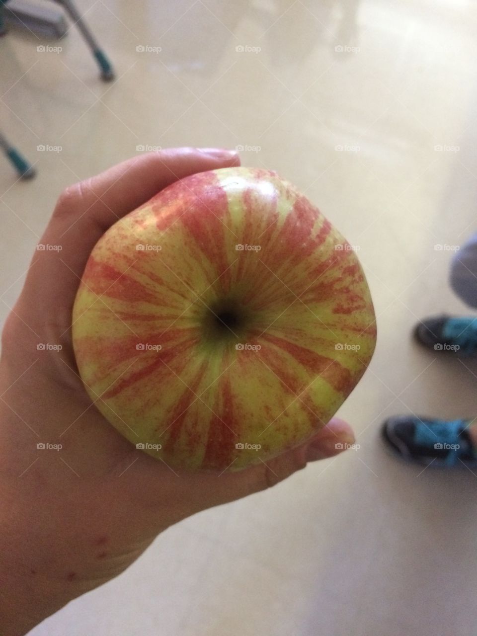 Stripy apple held in hand. 