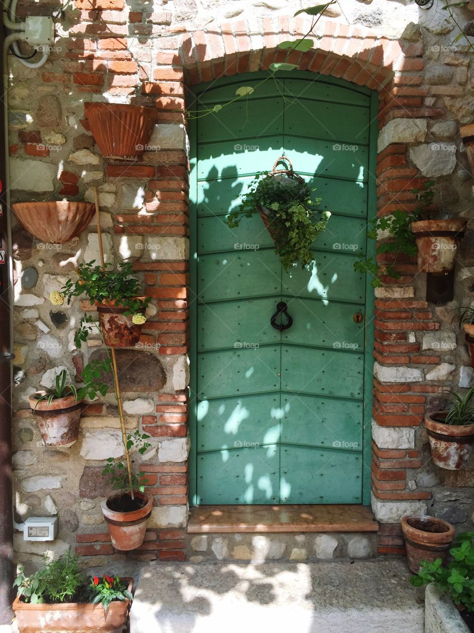 Green door and brick wall