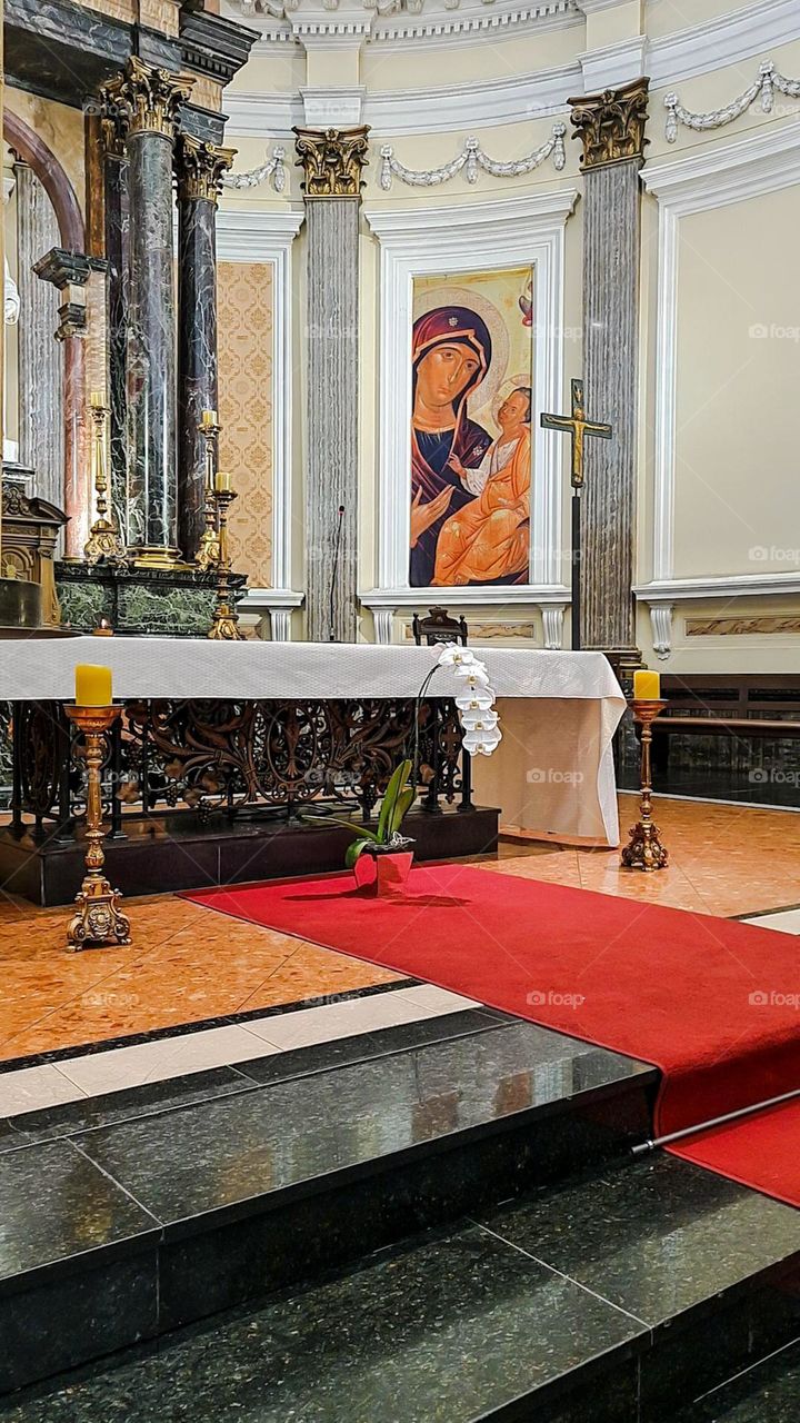 Plants around me: Vase with beautiful White Orchid on the church altar.