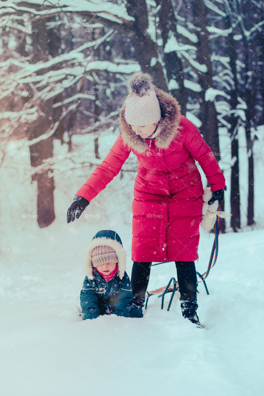 Mother and her little daughter are spending time together walking outdoors in forest in winter while snow falling. Woman is pulling sled, a few years old girl is walking through the deep snow, enjoying wintertime