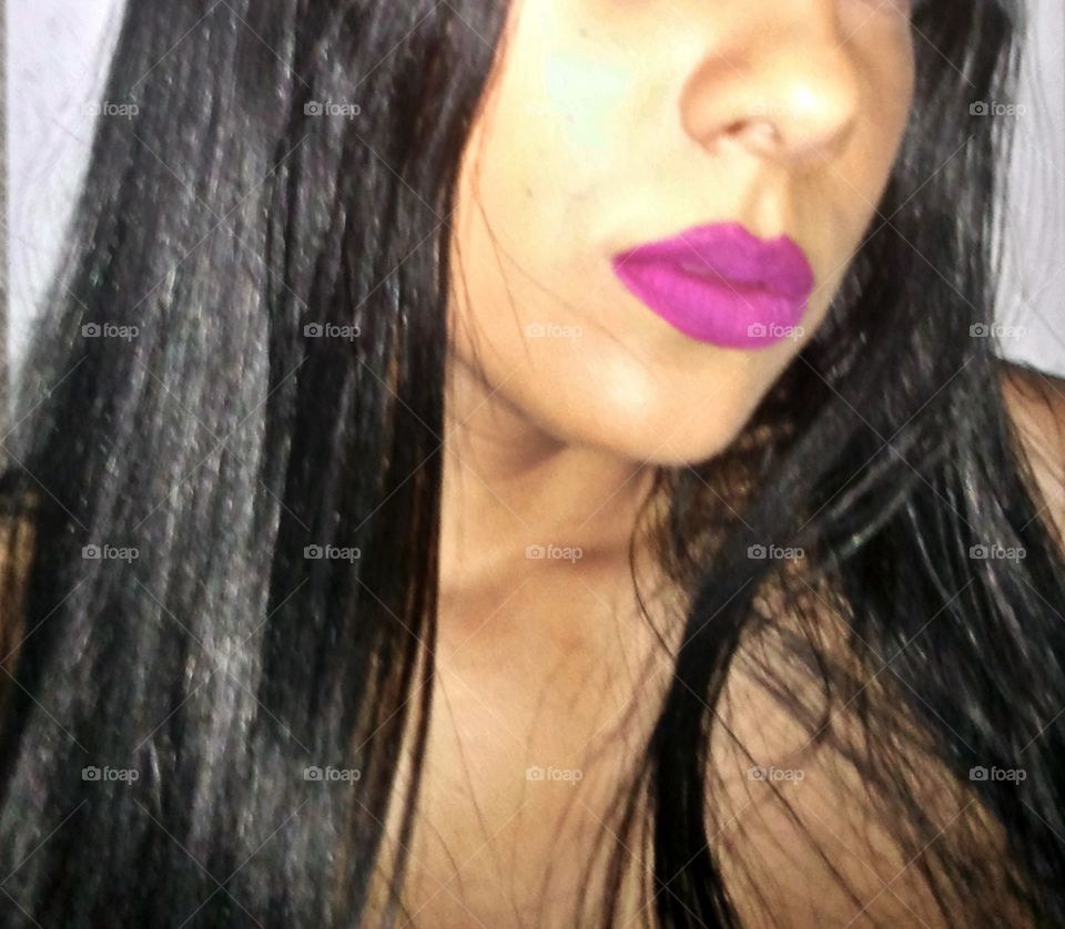 Brunette. Misterious Girl.  Purple Lipstick