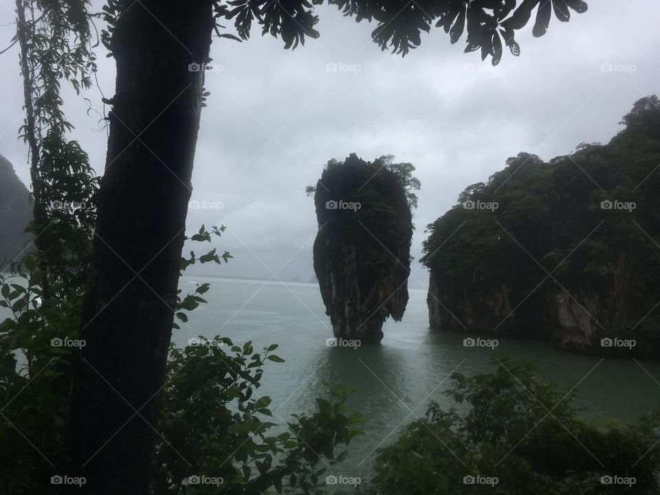James Bond Island on a cloudy foggy day Thailand