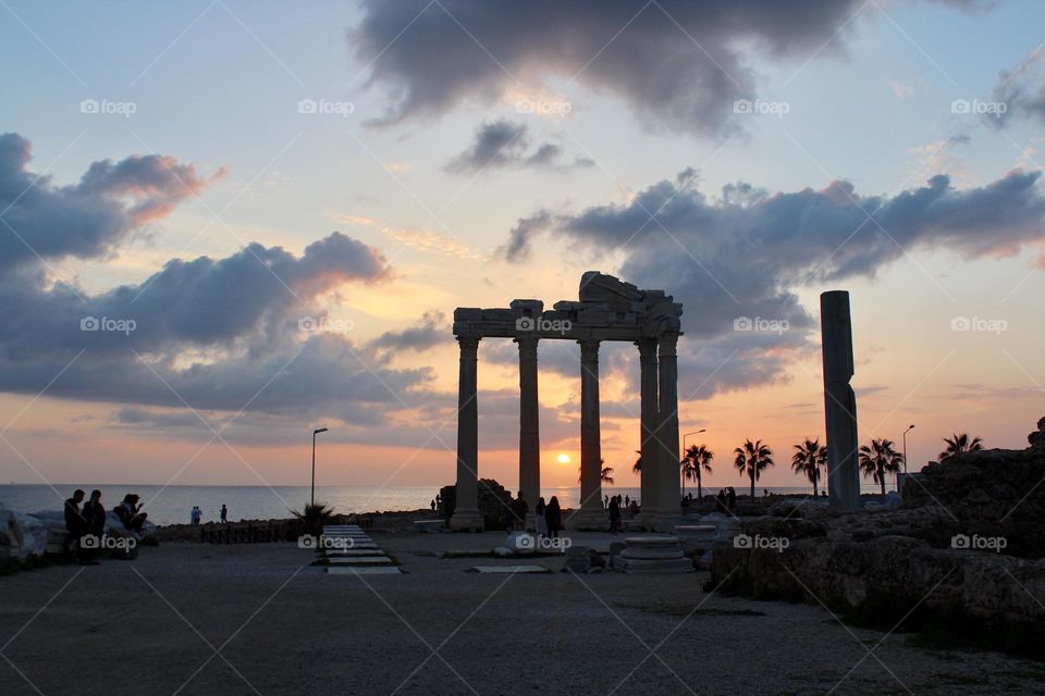 Picturesque evening views of the coastline area at Apollon Temple in Side, Turkey. 