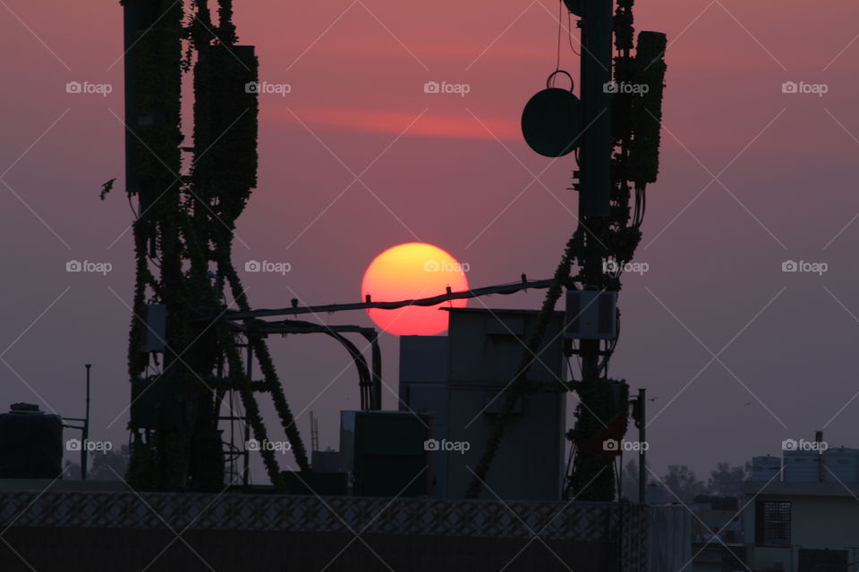 sunset
sunset behind the mobile tower. Because of the mobile tower and it's cables it caused hinderance  in perfect capture of complete Sun from the place I was taking photo. Thus a perfect imperfection.