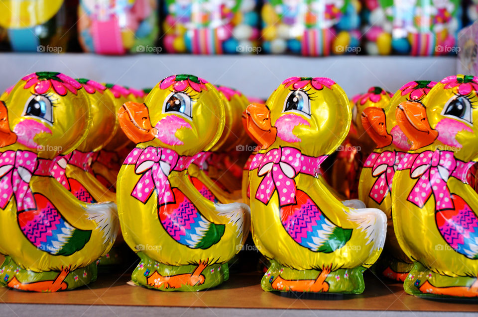 A row of Easter duckies candy. 