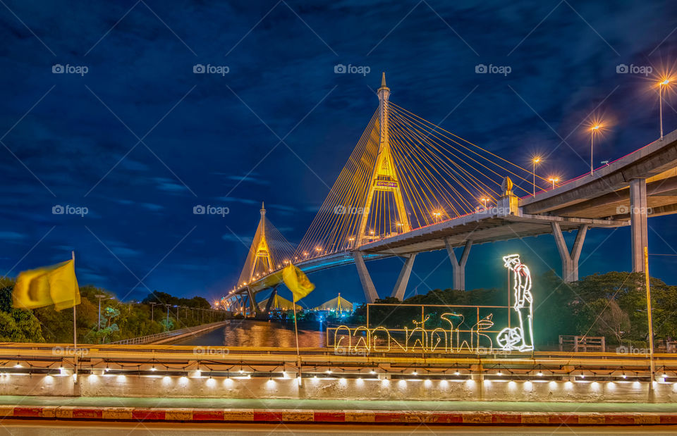 Beautiful night scene of the Bhimibol landmark bridge in Bangkok Thailand