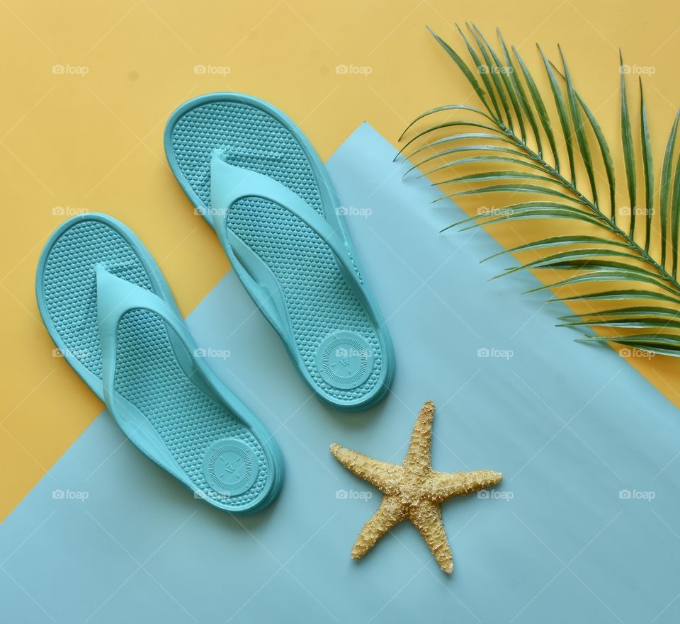 Flat lay of flip flops, starfish, palm branch, summer theme still life 