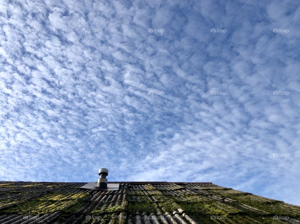 mossy roof in contrast to the sky with clouds, after rainy day