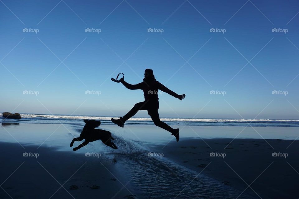 Beach#human#dog#jump#ocean#sky