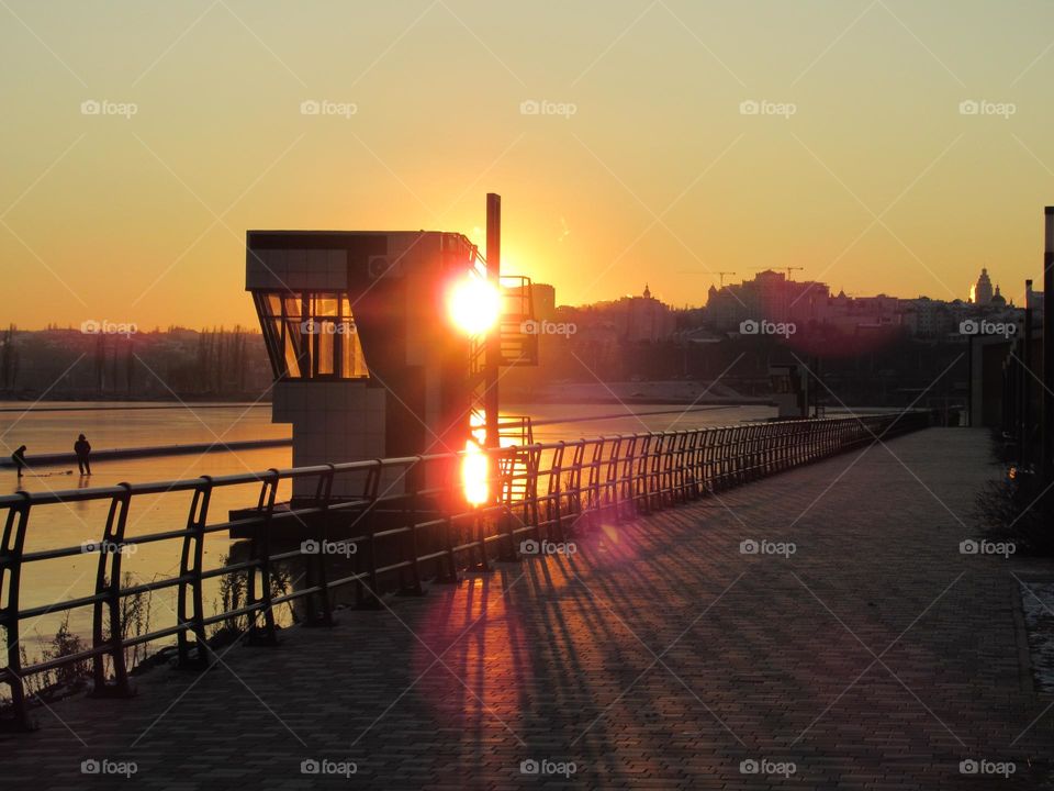 sunset in december, frost, thin ice,