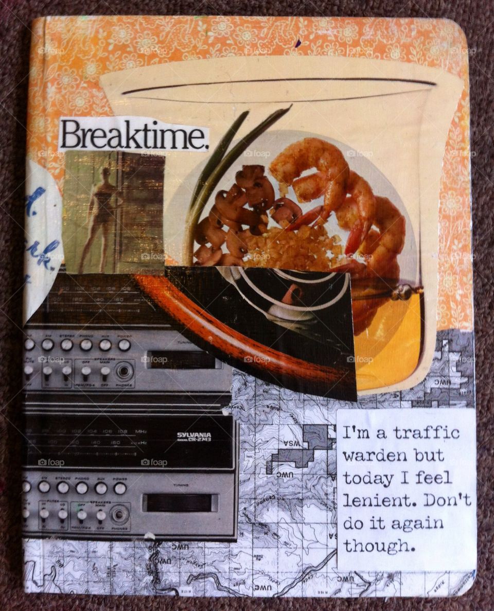 Collage notebook with vintage and modern clippings 