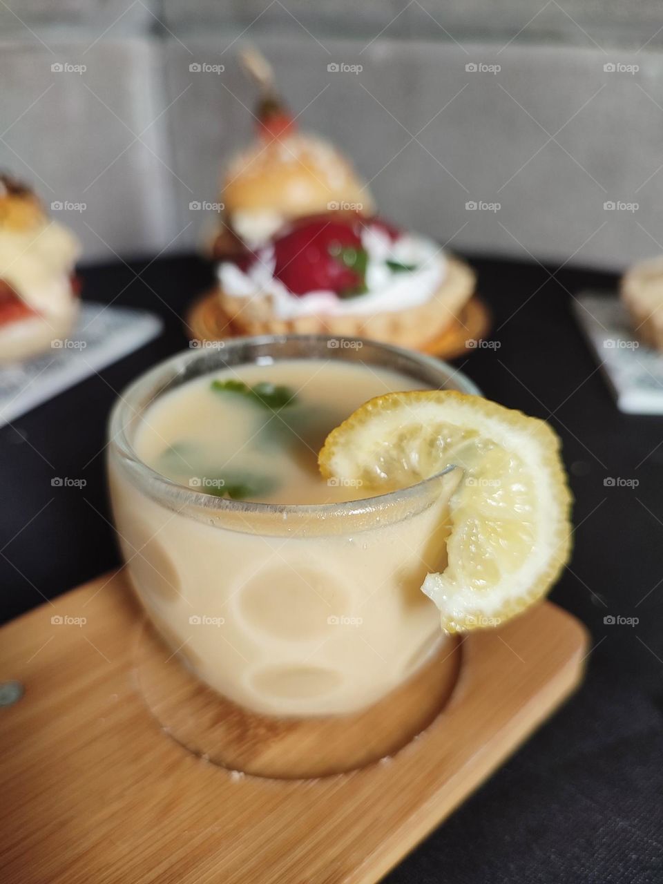 Z fresh natural juice with tartelettes background