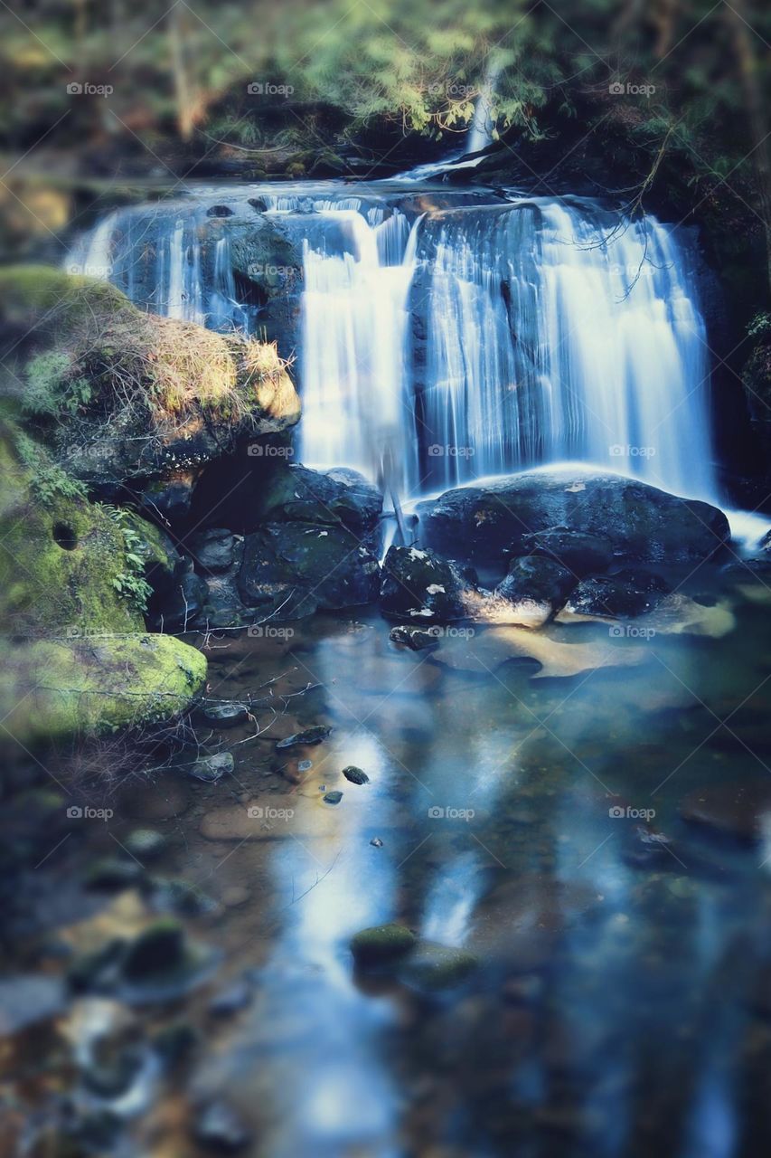 A beautiful, clear day creates vibrant colors at the waterfall at Whatcom Park in Washington State 