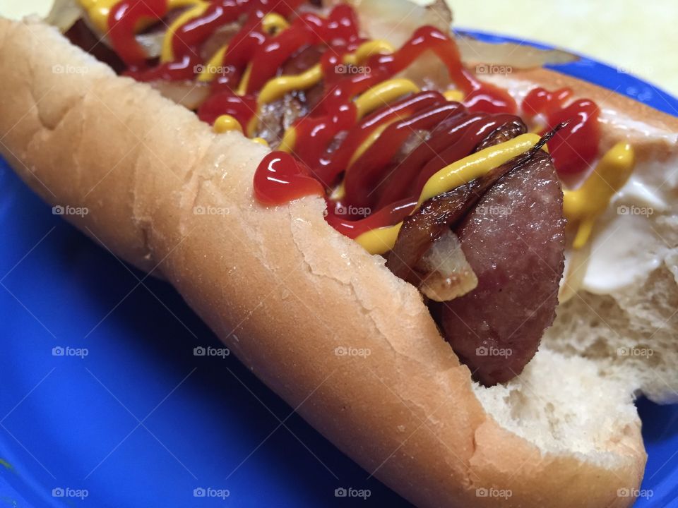 Hot dog with ketchup and mustard 