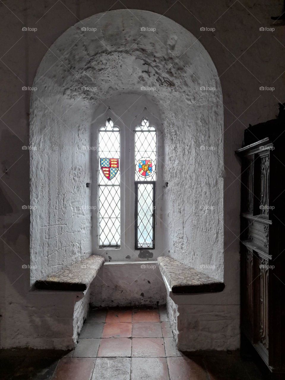 Medieval castle window, beautiful stained glass