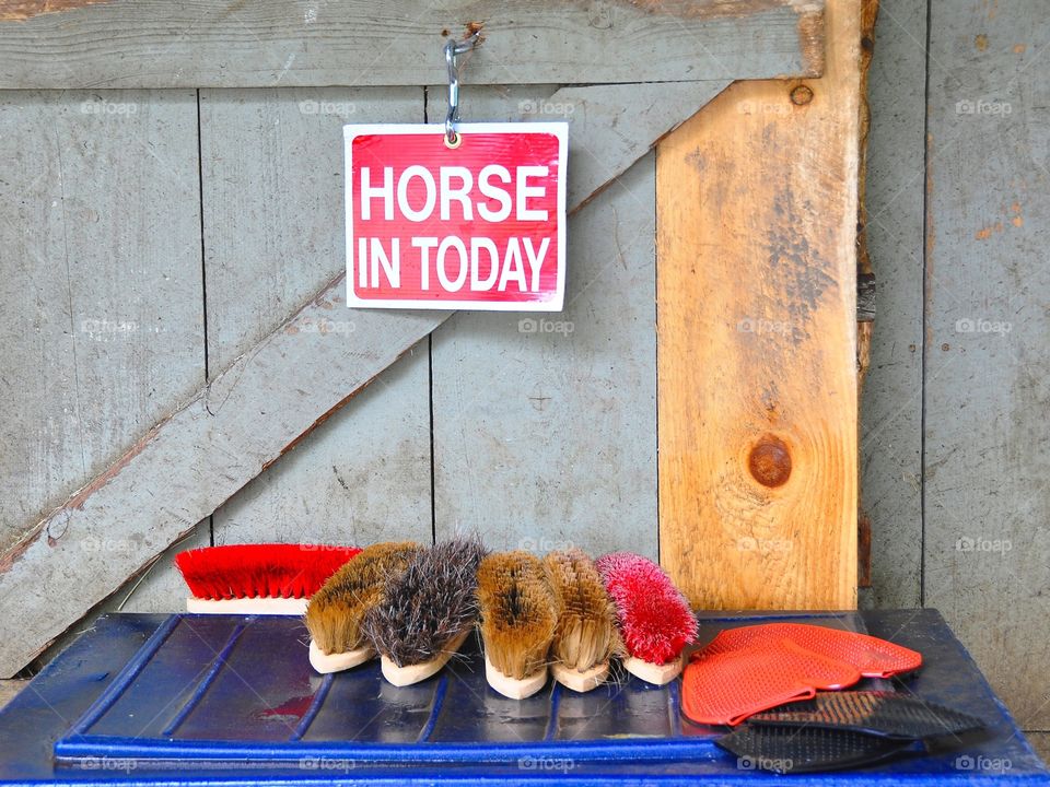 Horse in Today. Groom's brushes and tools prepare for a race at Saratoga. Backstretch of Chad Brown stables at Horse Haven   
Fleetphoto