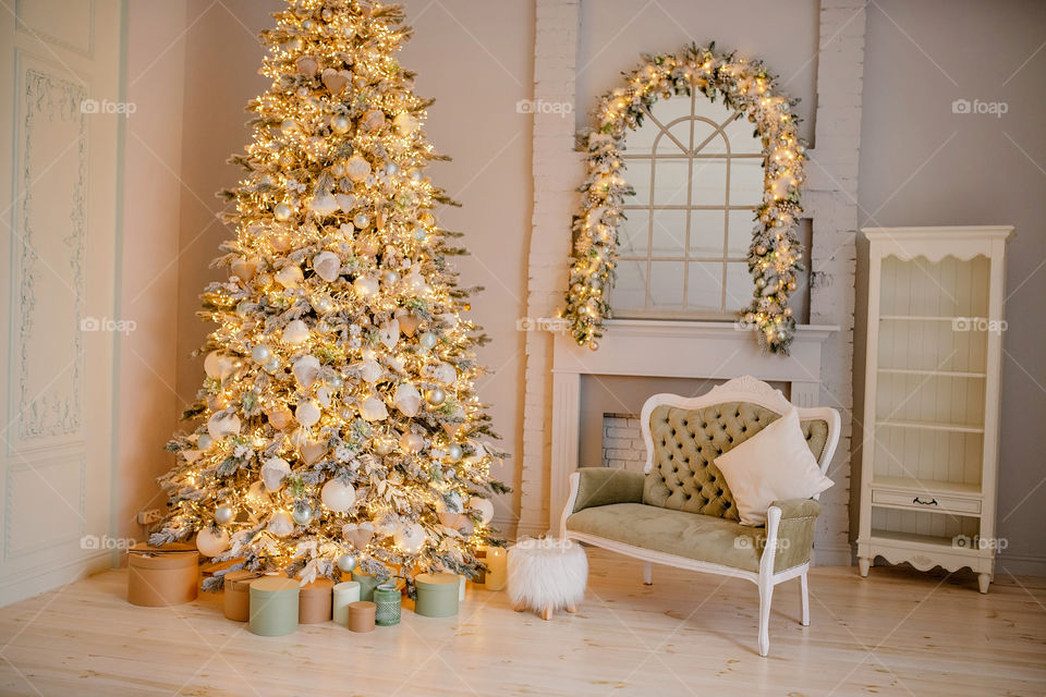 Christmas decorated pillow, festive atmosphere. Home decor.