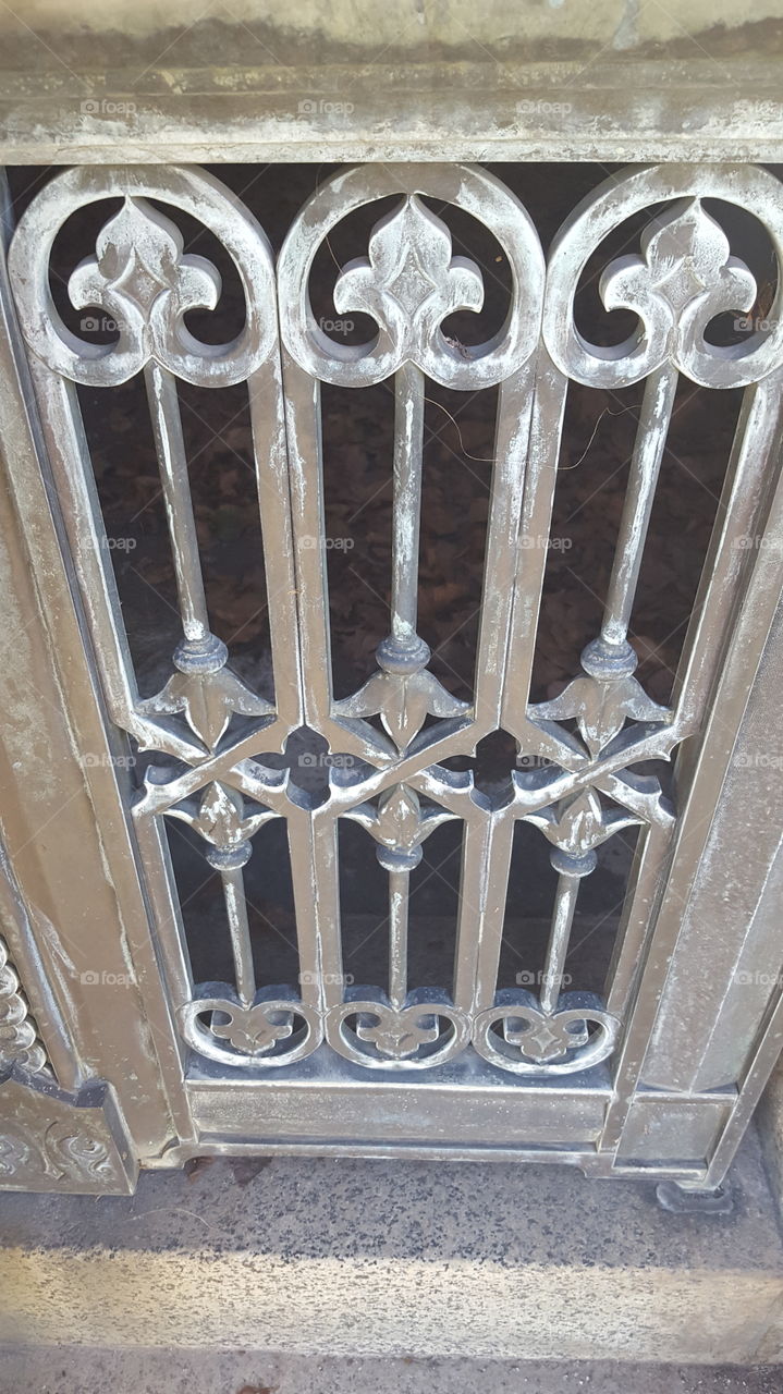 this is the bottom half of a gate to a family crypt. the door were open for the longest time..a huge amount of leaves have accumulated in the crypt floor. The lock to the gate rusted shut long ago.