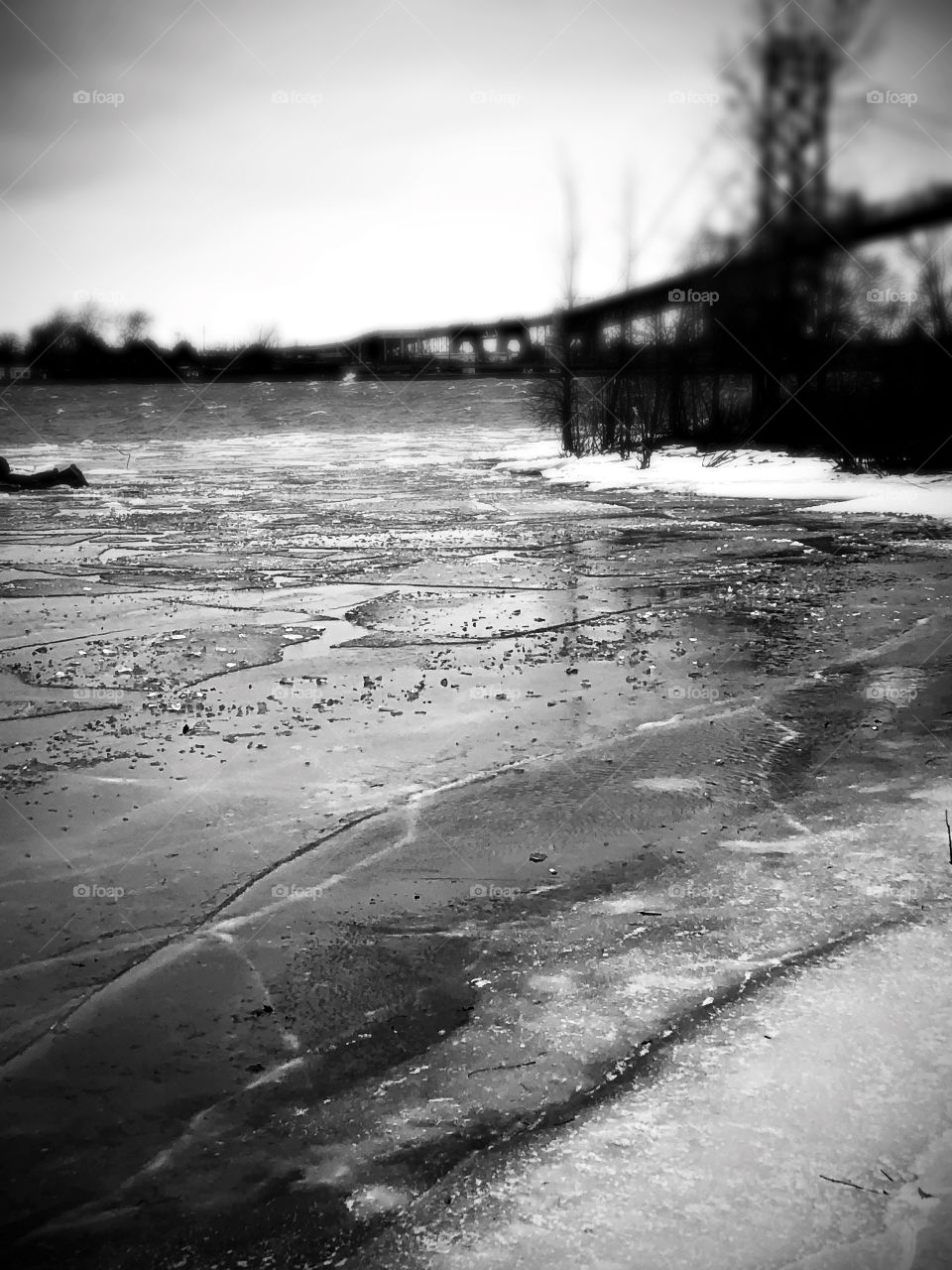 Ice and snow, black and white. Delivers an artistic approach to this dreary winter day.  