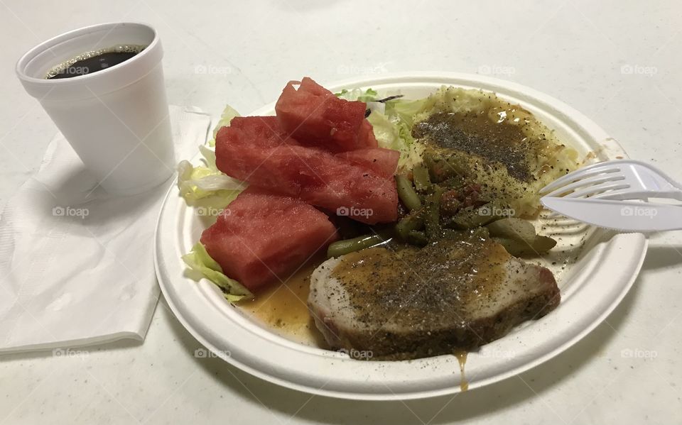 Simple black coffee with pork dinner. There is nothing like having a hot, healthy beverage with a decent meal at church.