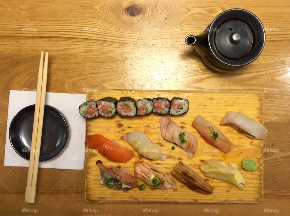 Sushi on a wooden tray 