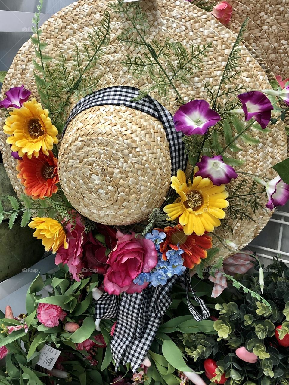 Spring flowers decorated straw hat 