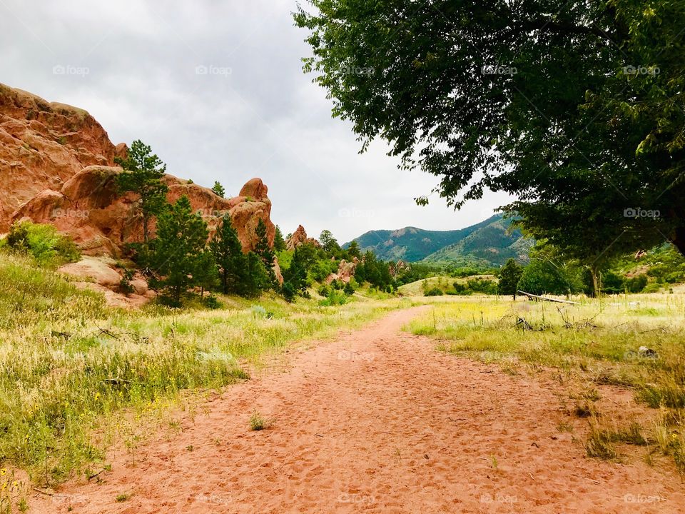 One of the Trails at Red Rock open space in Colorado Springs, Colorado on an overcast summer day