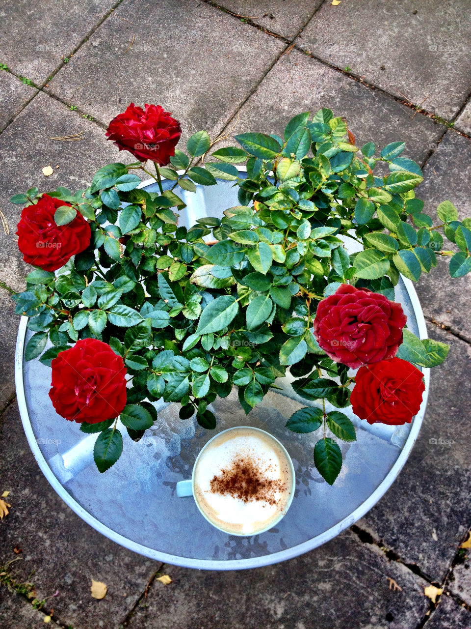 Roses and coffee. Cup of coffee and miniature roses on the glass table outside, top view