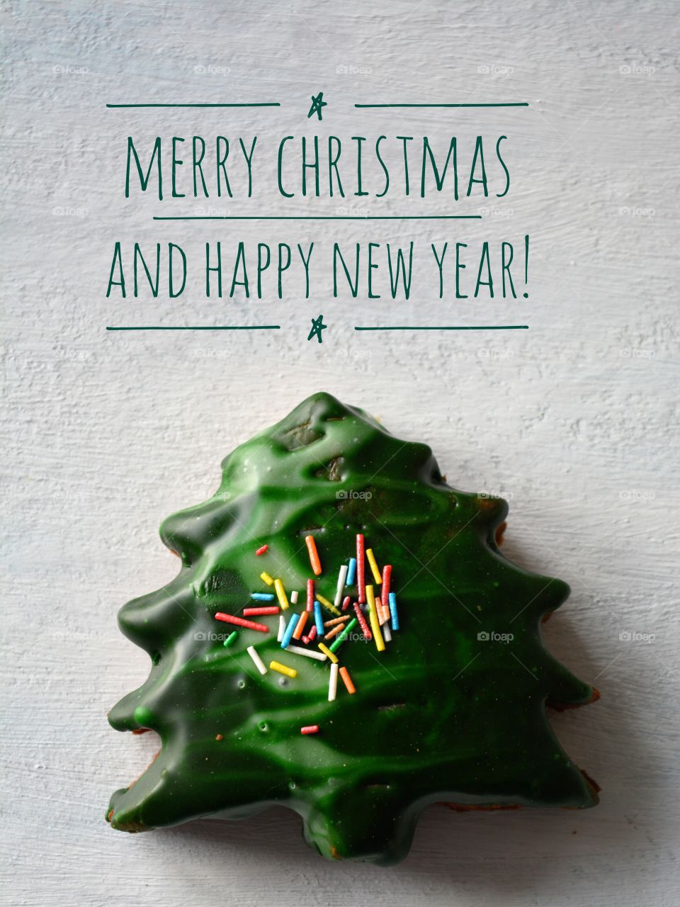 Merry Christmas and Happy New Year text Christmas tree gingerbread sweet