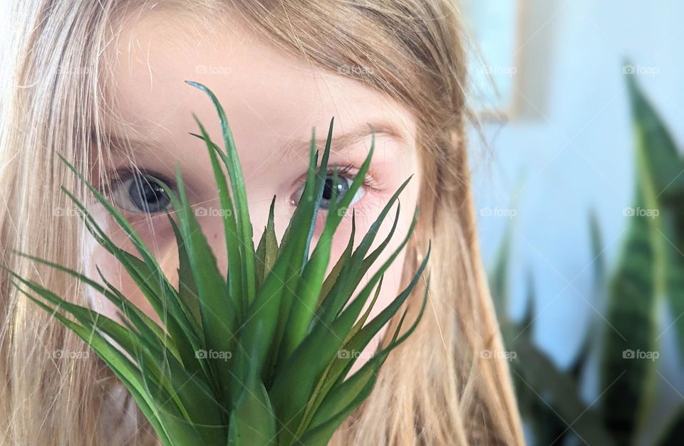 innocent little girl looking through an air plant, kids being sneaky, girl hiding behind a plant, love and playfulness, green air plant, cute kids