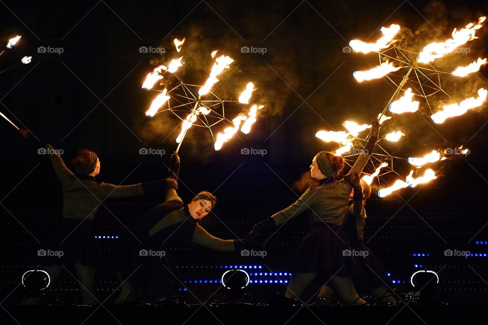 Fire Cirkus Walkea. Fire Circus Walkea performing on Senate Square at the Lux Helsinki 2015 light arts festival on 8 January 2015 in Helsinki, Finland.