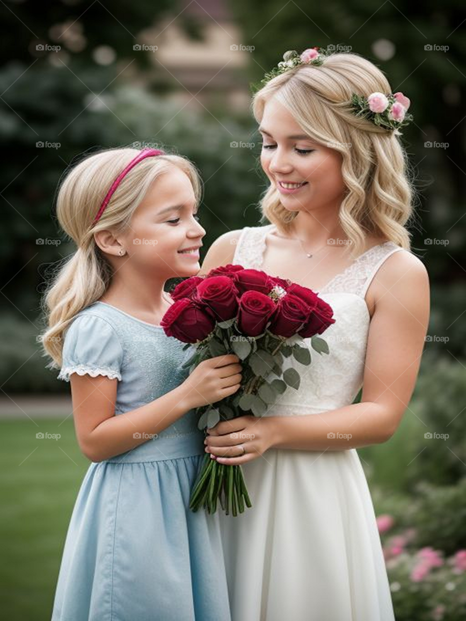 A woman gives a gift of flowers to her daughter