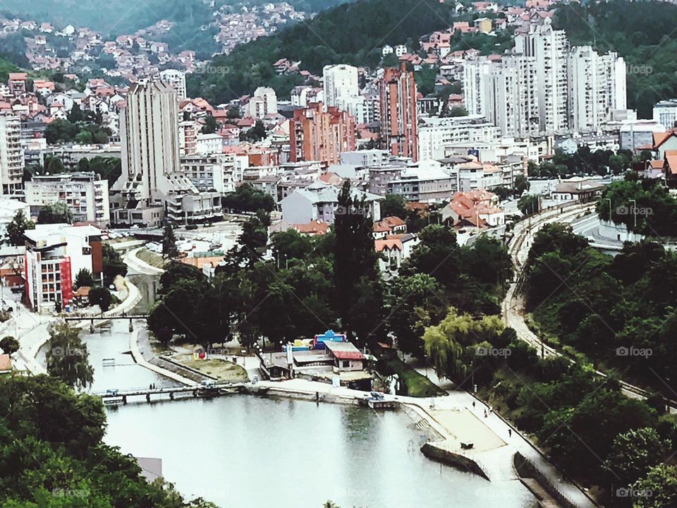 aerial photo, panorama of the city with the beach, view from above