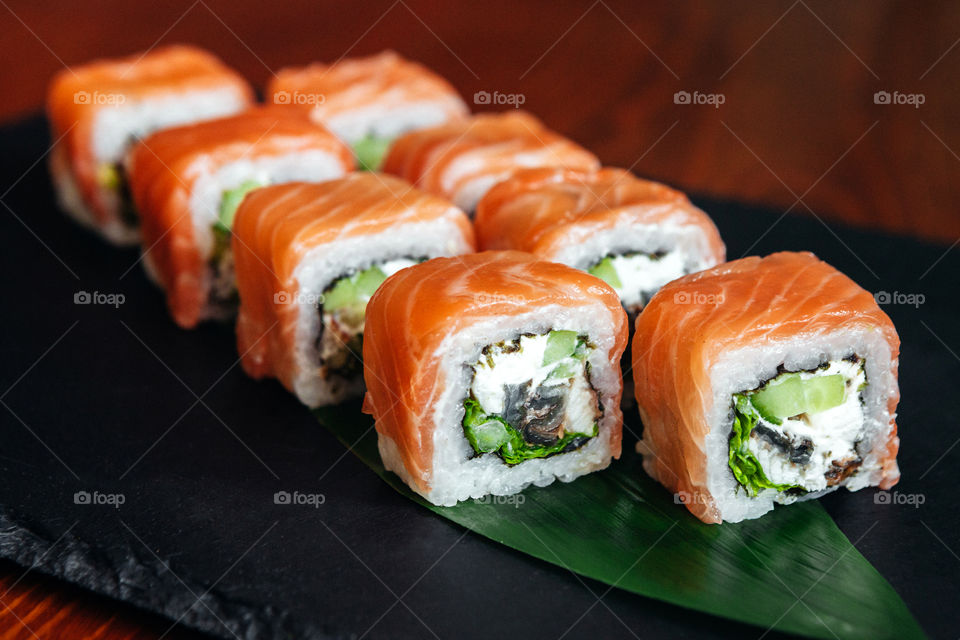 Close-up of sushi on leaf