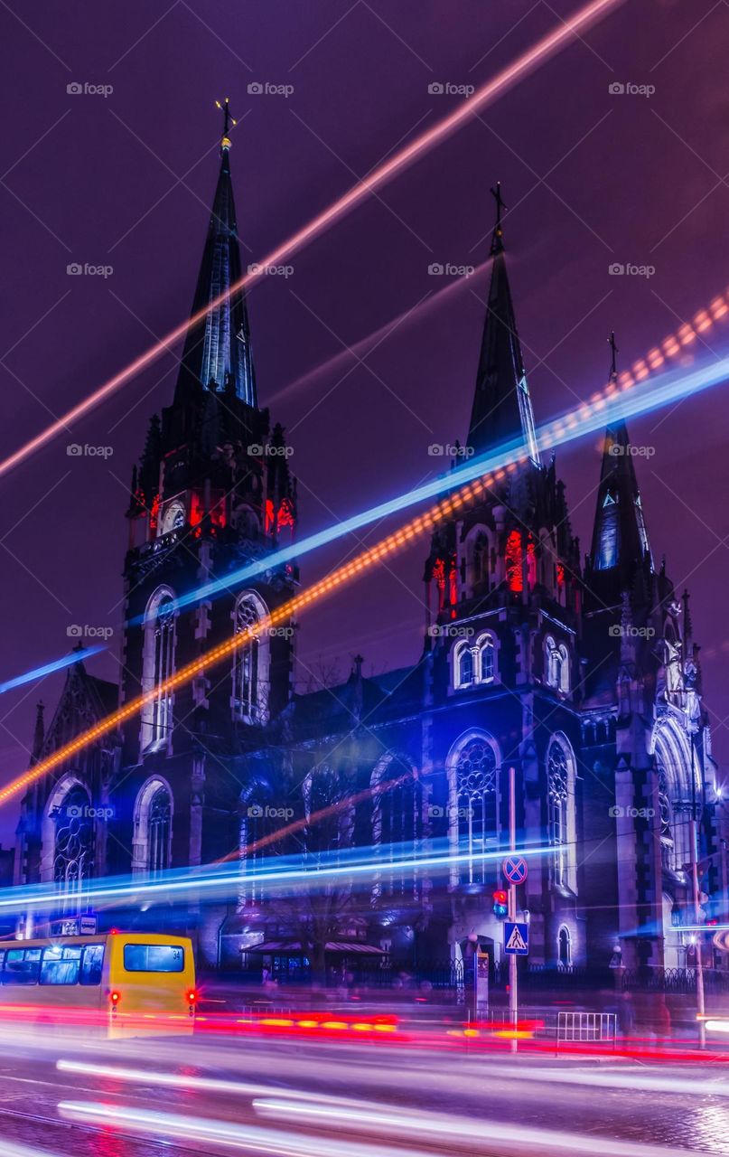 Night cityscape of old cathedral