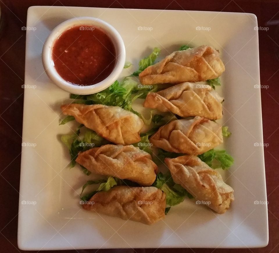 Tibetan Momos.  Vegetarian Dumplings and Dipping Sauce.