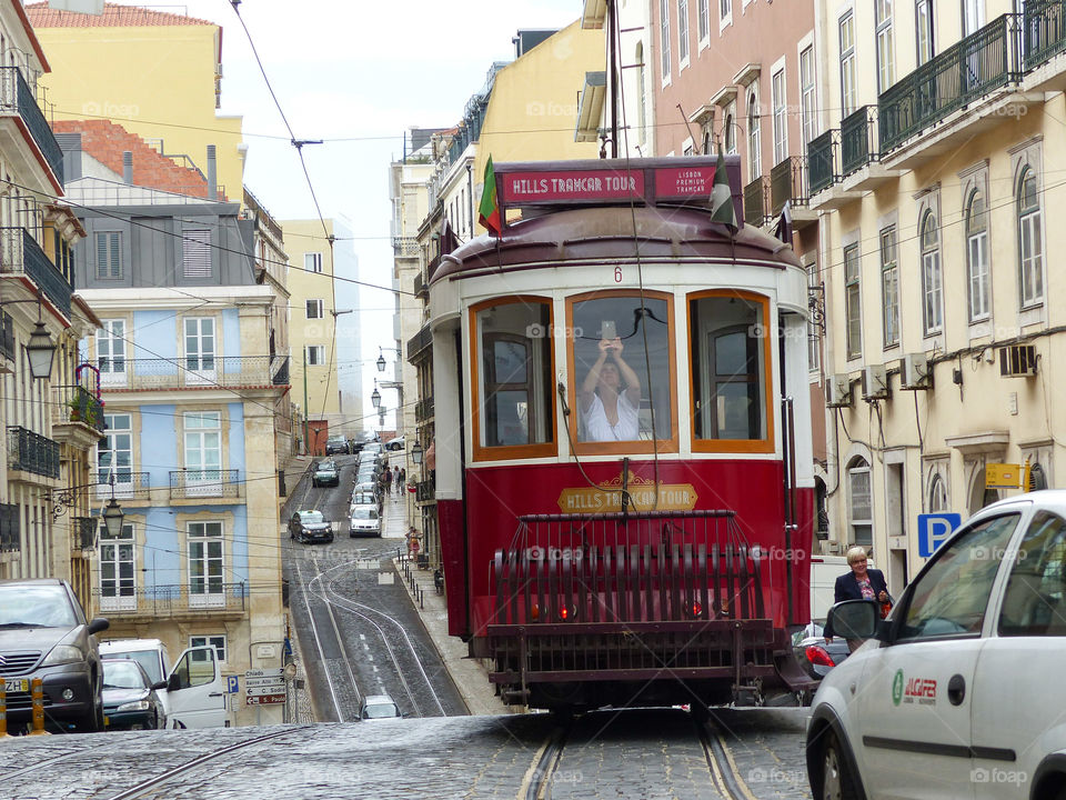 selfie on a tram. someone taking a selfie on a tram in Lisbon