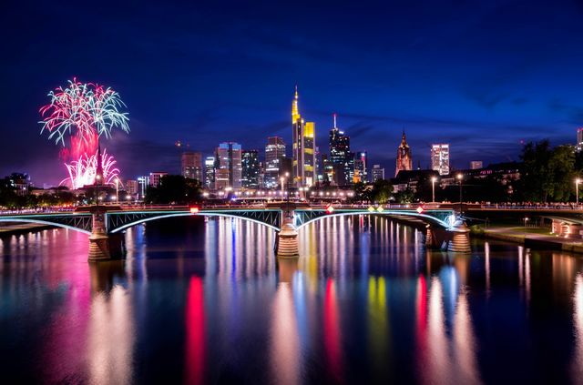 Fireworks in Frankfurt am Main at night.  Beautiful cityscape.